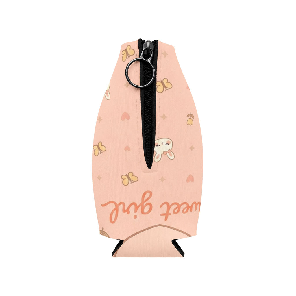 Cute Bunny Zip-Up Bottle Cooler Sleeve — Pink Kawaii Insulated Can Cooler