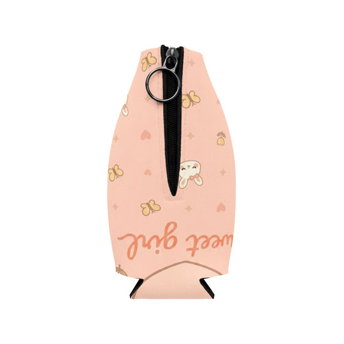 Cute Bunny Zip-Up Bottle Cooler Sleeve — Pink Kawaii Insulated Can Cooler