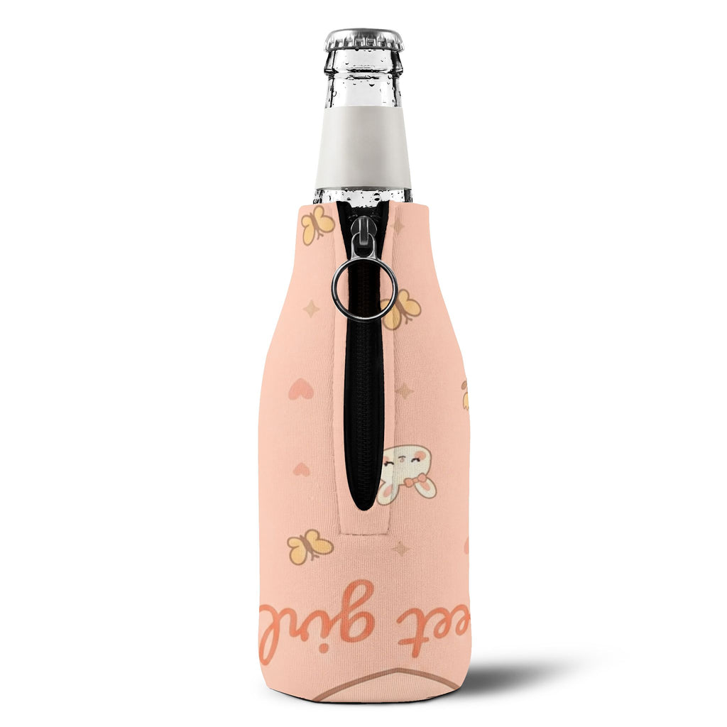 Cute Bunny Zip-Up Bottle Cooler Sleeve — Pink Kawaii Insulated Can Cooler
